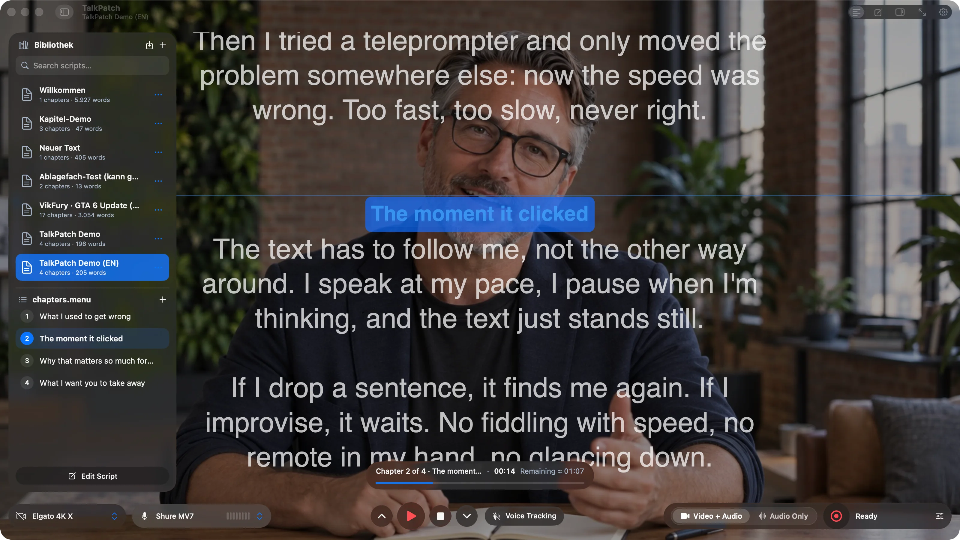 Scripts panel with library, search and chapter list next to the prompter text