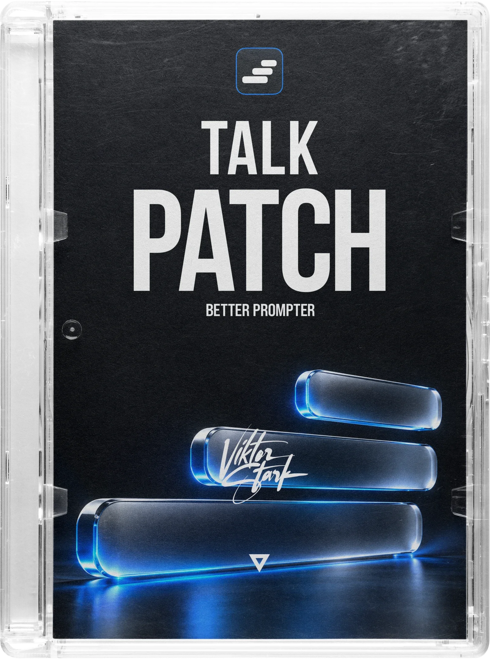 TalkPatch als DVD-Hülle: schwarzes Cover mit App-Symbol, Schriftzug TALK PATCH, Claim Better Prompter und drei leuchtenden Glasbalken